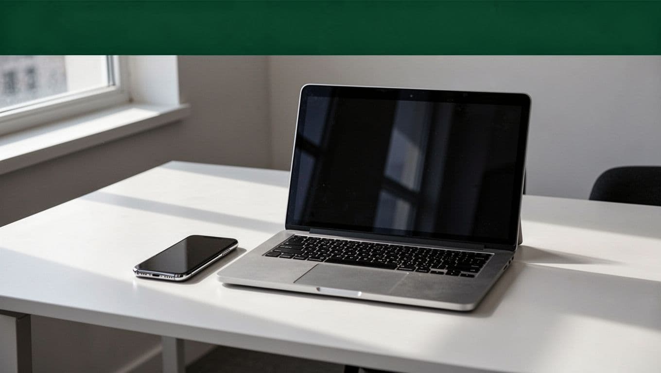 A modern minimalist desk featuring a sleek laptop and a smartphone placed near a dark green header. The professional workspace utilizes soft, natural light to highlight assistive reading tools for accessibility.