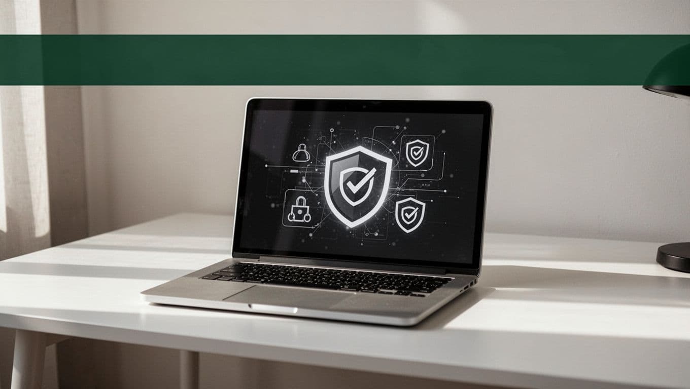 A laptop showing security and verification icons on a minimalist workspace.