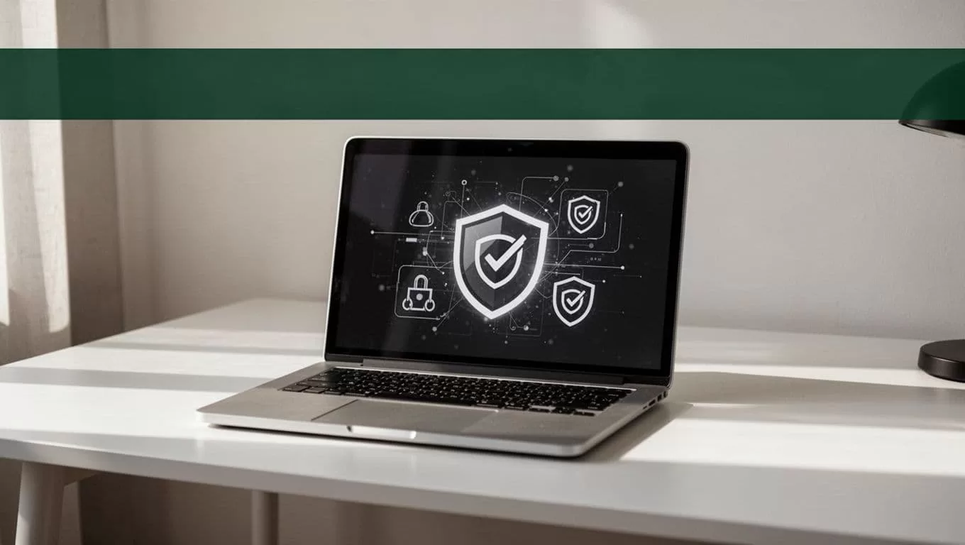 A laptop showing security and verification icons on a minimalist workspace.
