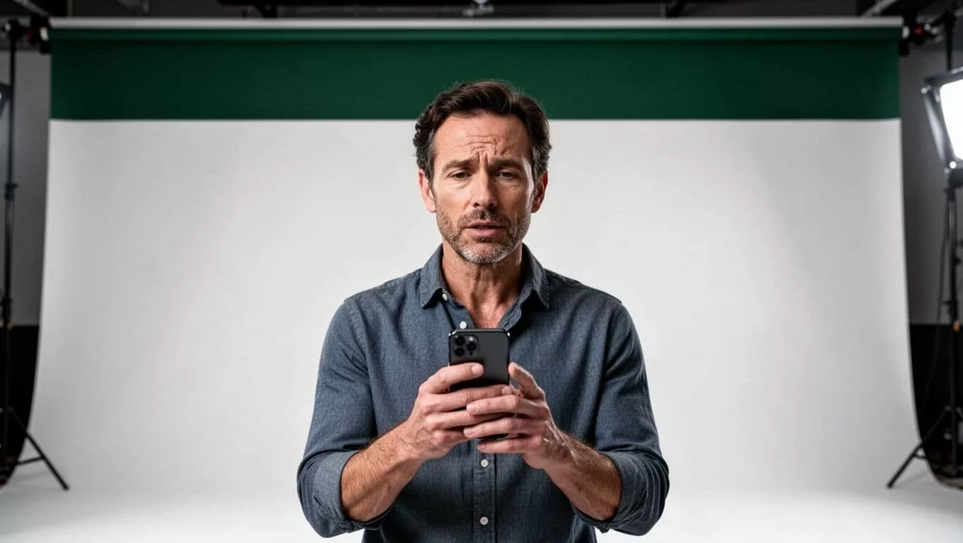 An actor in a studio holding a smartphone to practice lines.