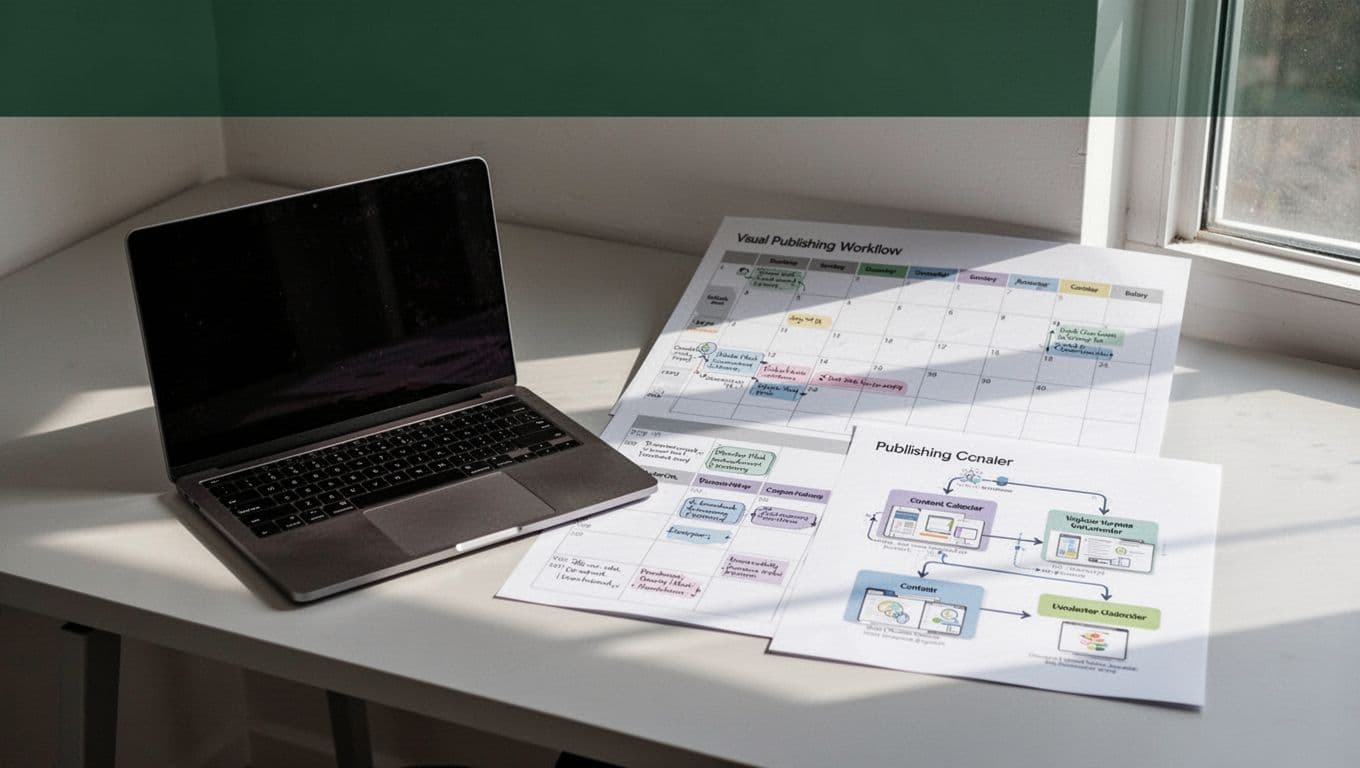 Minimalist workspace showing a content calendar and publishing workflow under a dark green Adapt Content banner.
