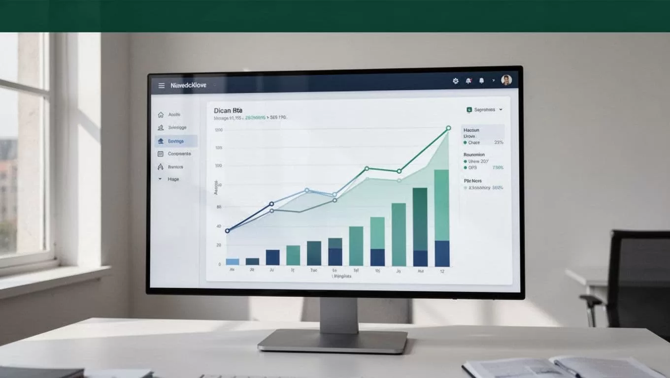 An analytics dashboard on a monitor with a dark-green banner reading Agency Growth.