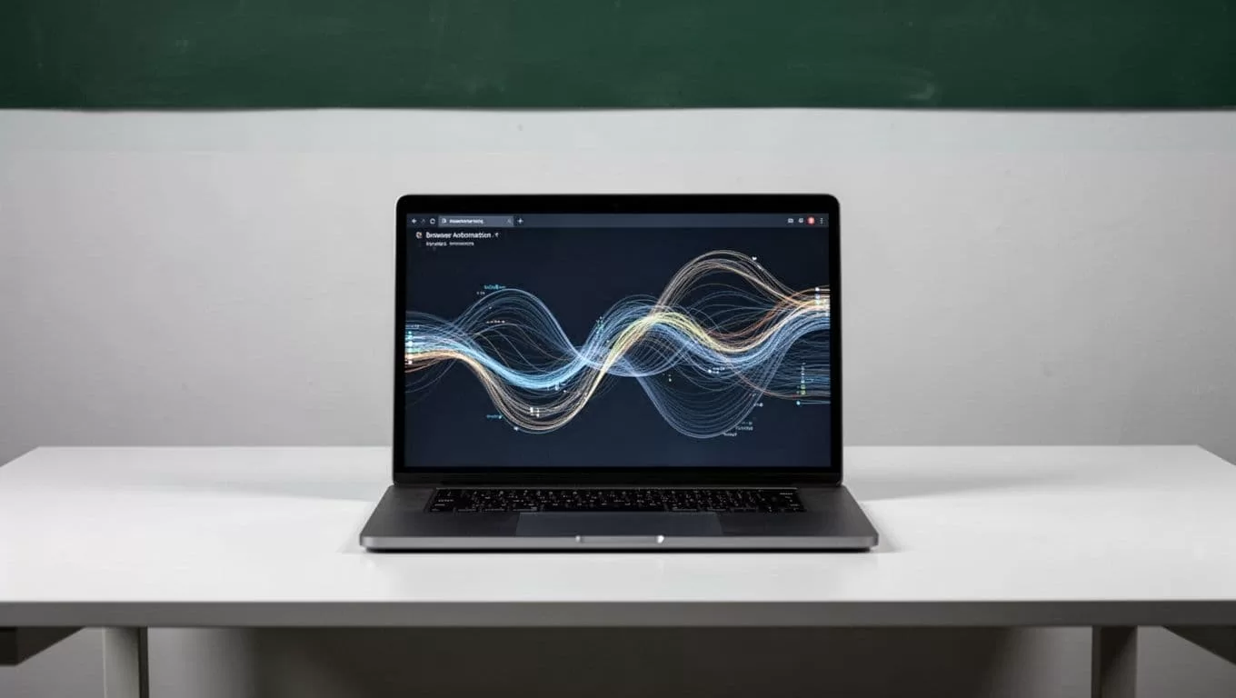 A laptop showing browser automation graphics on a minimalist desk.