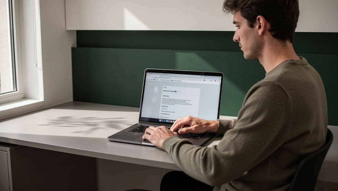 A person sits at a sleek desk using an open laptop featuring a browser interface. A bold dark-green header at the top prominently displays the text Boost Productivity in sans-serif.