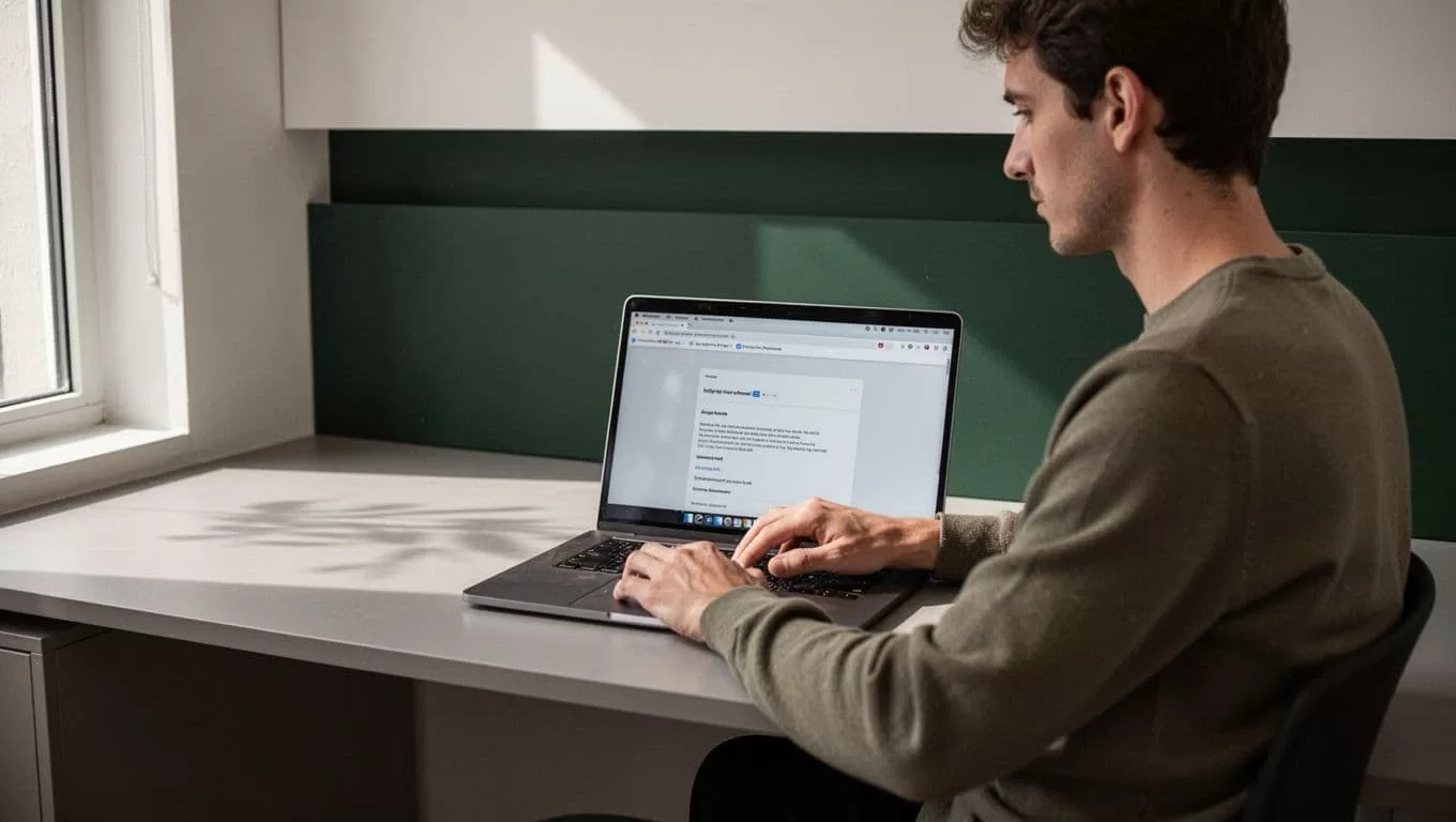 A person sits at a sleek desk using an open laptop featuring a browser interface. A bold dark-green header at the top prominently displays the text Boost Productivity in sans-serif.