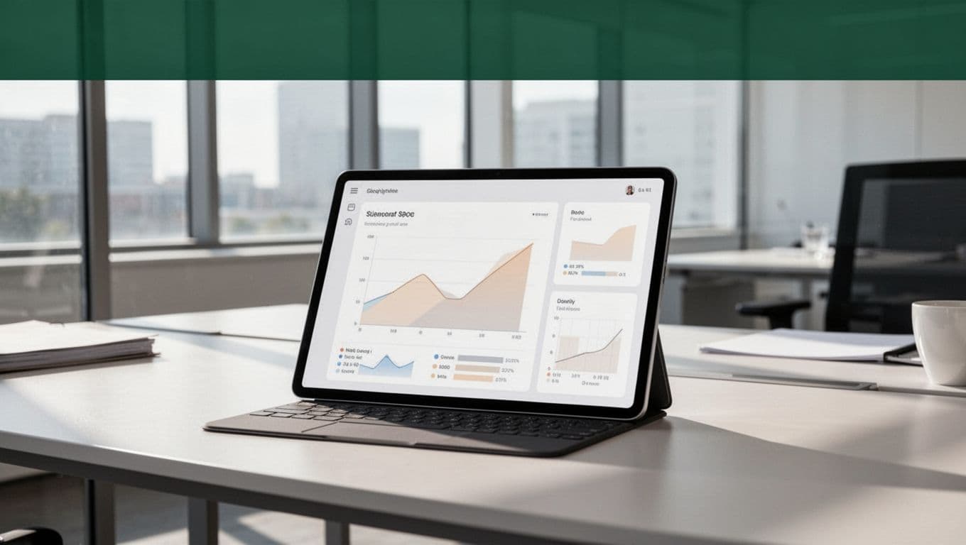 A sleek digital tablet rests on a minimalist desk, showcasing an abstract data dashboard with a dark green header labeled AI Marketing. Bright, even lighting highlights the clean professional workspace surface.