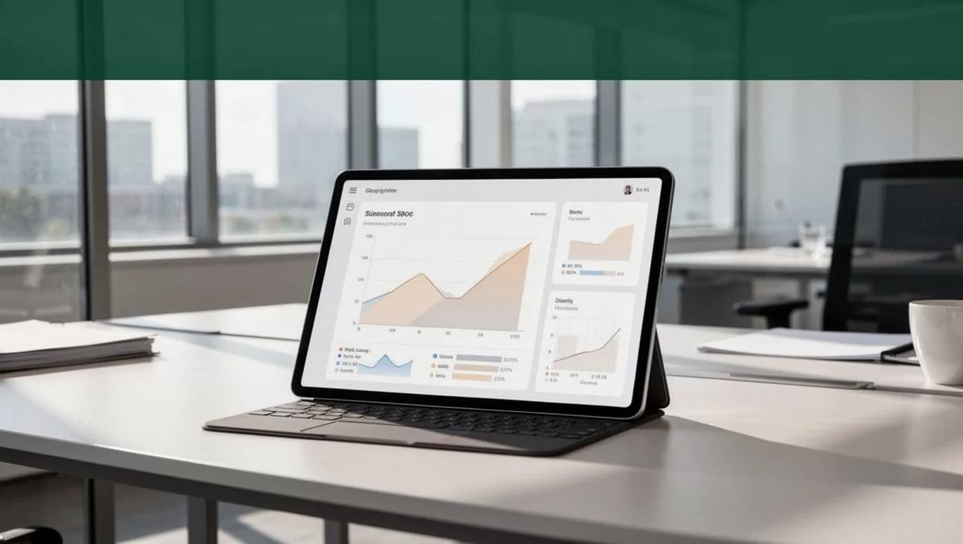 A sleek digital tablet rests on a minimalist desk, showcasing an abstract data dashboard with a dark green header labeled AI Marketing. Bright, even lighting highlights the clean professional workspace surface.
