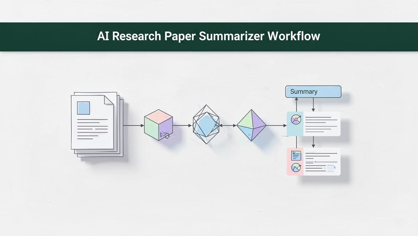 An academic paper summarizer workflow diagram with a dark green top banner.