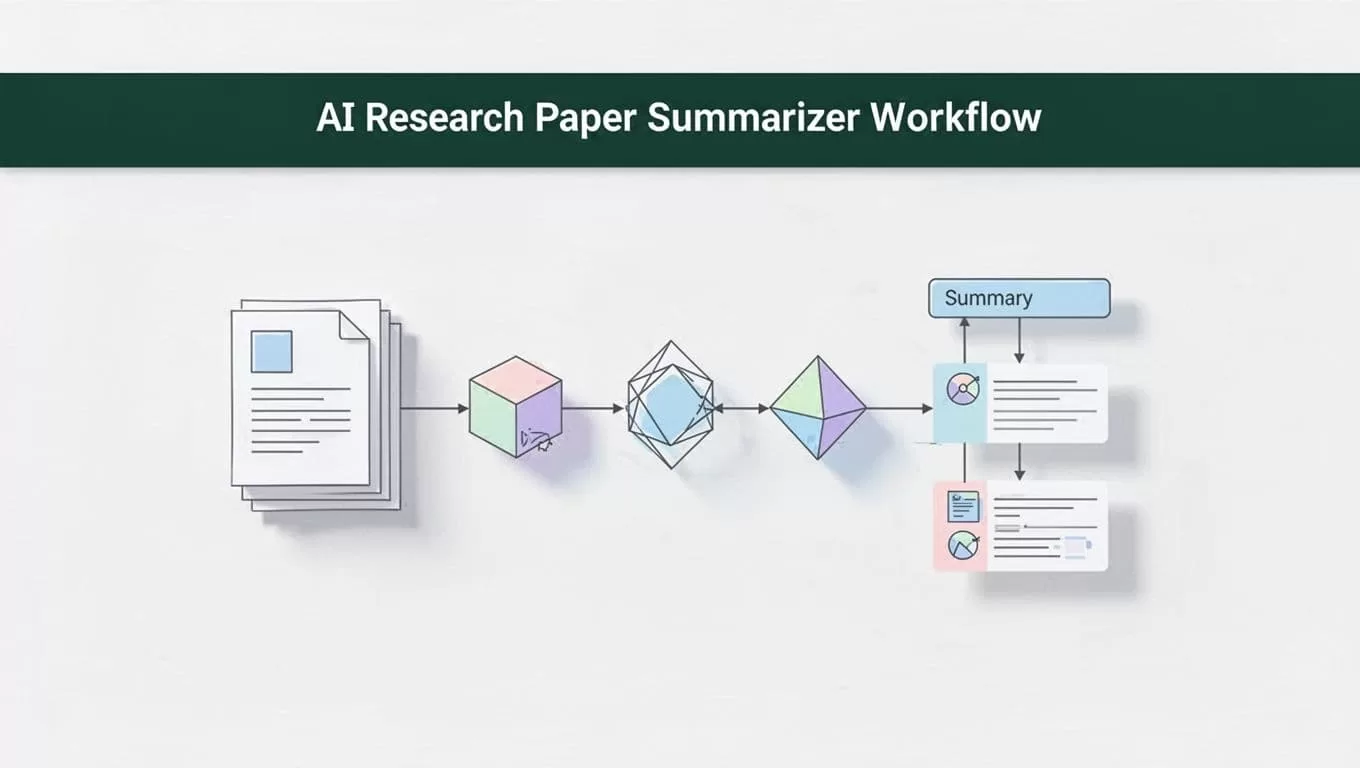 An academic paper summarizer workflow diagram with a dark green top banner.