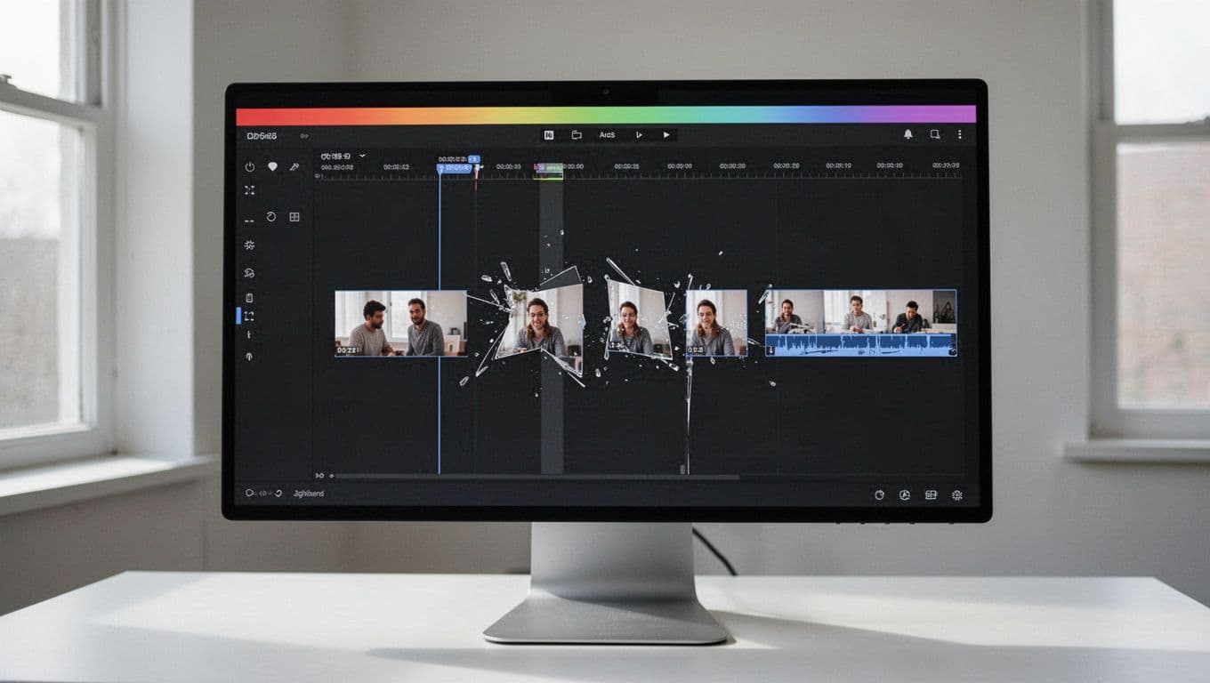 A stylized graphic displays a video track being sliced into smaller segments. A bold horizontal color bar sits atop the minimalist design, illustrating a clean and high-contrast editorial content workflow.