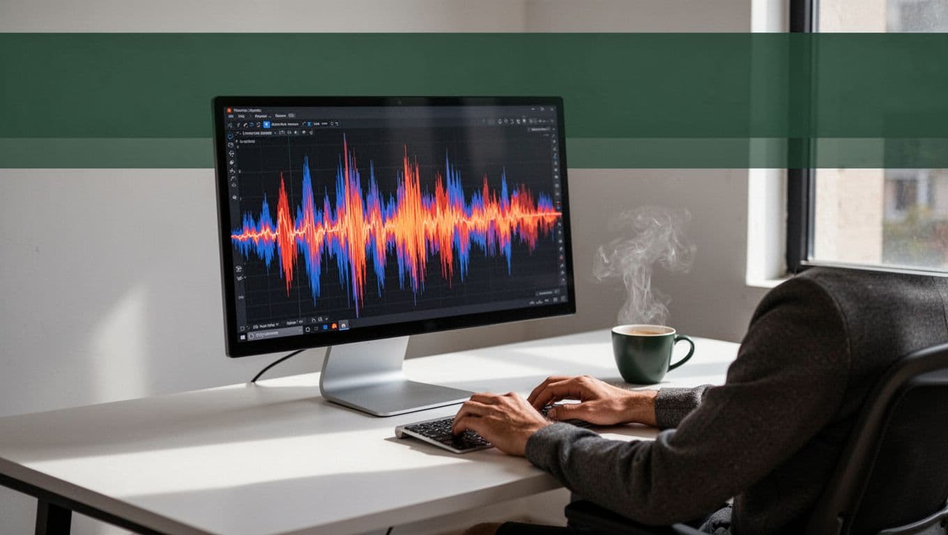 An editorial design graphic showing a bold headline above a modern desk with an audio monitor.