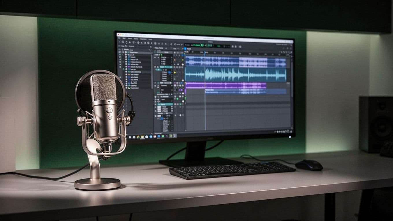 A high-end microphone sits on a clean desk beside a computer monitor displaying complex audio software. The background features a dark green banner with clear white typography about technical voice deployment.