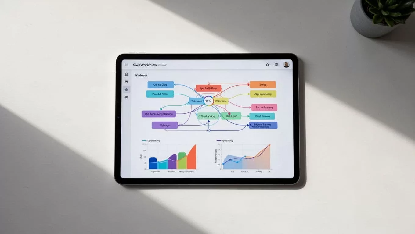 A tablet shows workflow graphs on a clean desk beneath an Alert Workflow banner.
