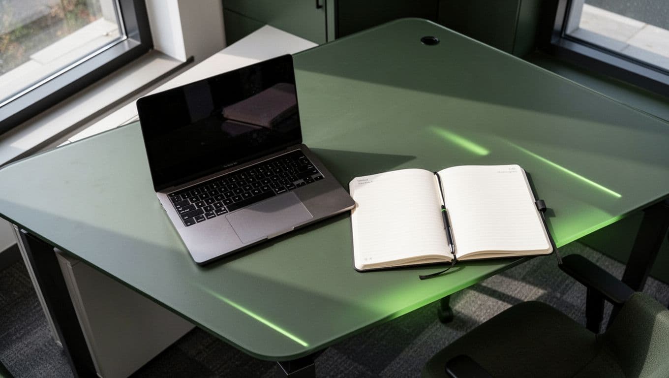 A flat-lay view of a clean desk featuring a high-end laptop and an organized notebook. Subtle dark green accents define the professional layout, perfect for tracking digital platform analytics and trends.