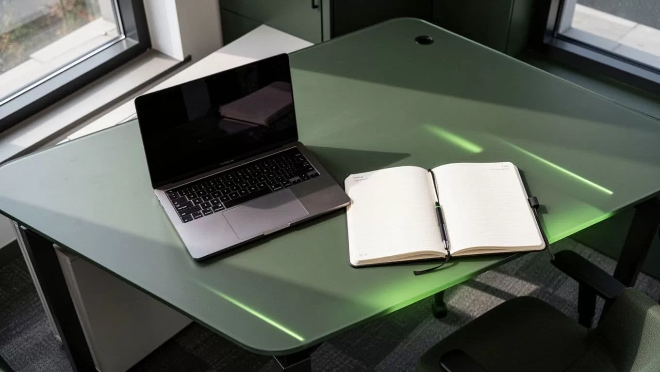 A flat-lay view of a clean desk featuring a high-end laptop and an organized notebook. Subtle dark green accents define the professional layout, perfect for tracking digital platform analytics and trends.
