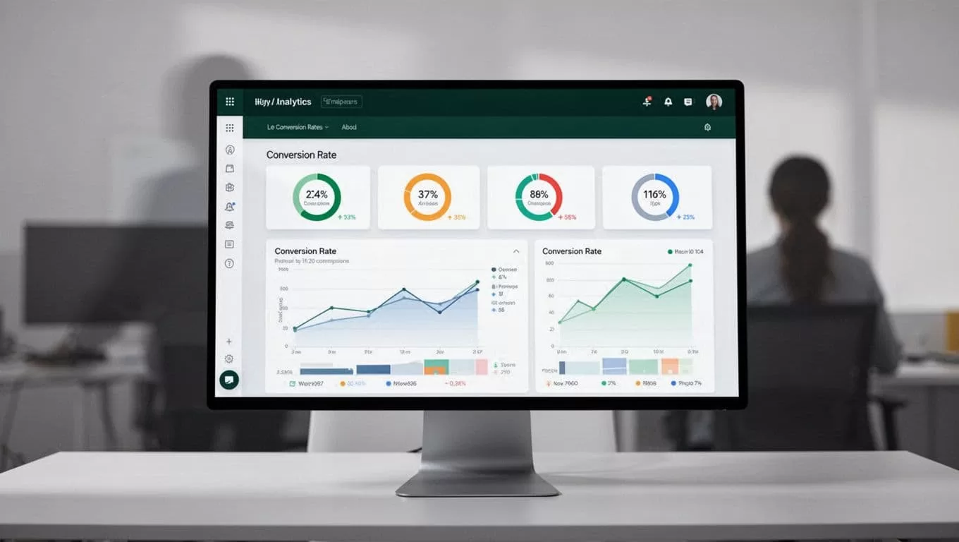 An analytics screen displaying conversion data below a dark green editorial headline.