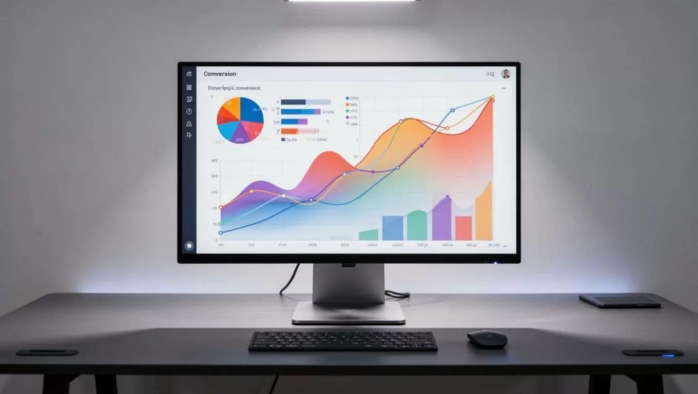 A computer monitor showing conversion metrics and split test graphs on a sleek desk.