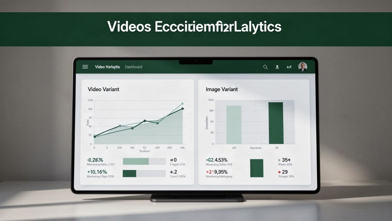 An analytics dashboard comparing video and image conversion variants with minimalist charts.
