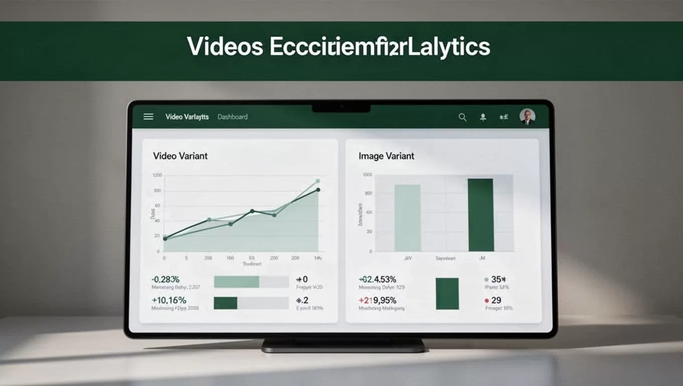 An analytics dashboard comparing video and image conversion variants with minimalist charts.