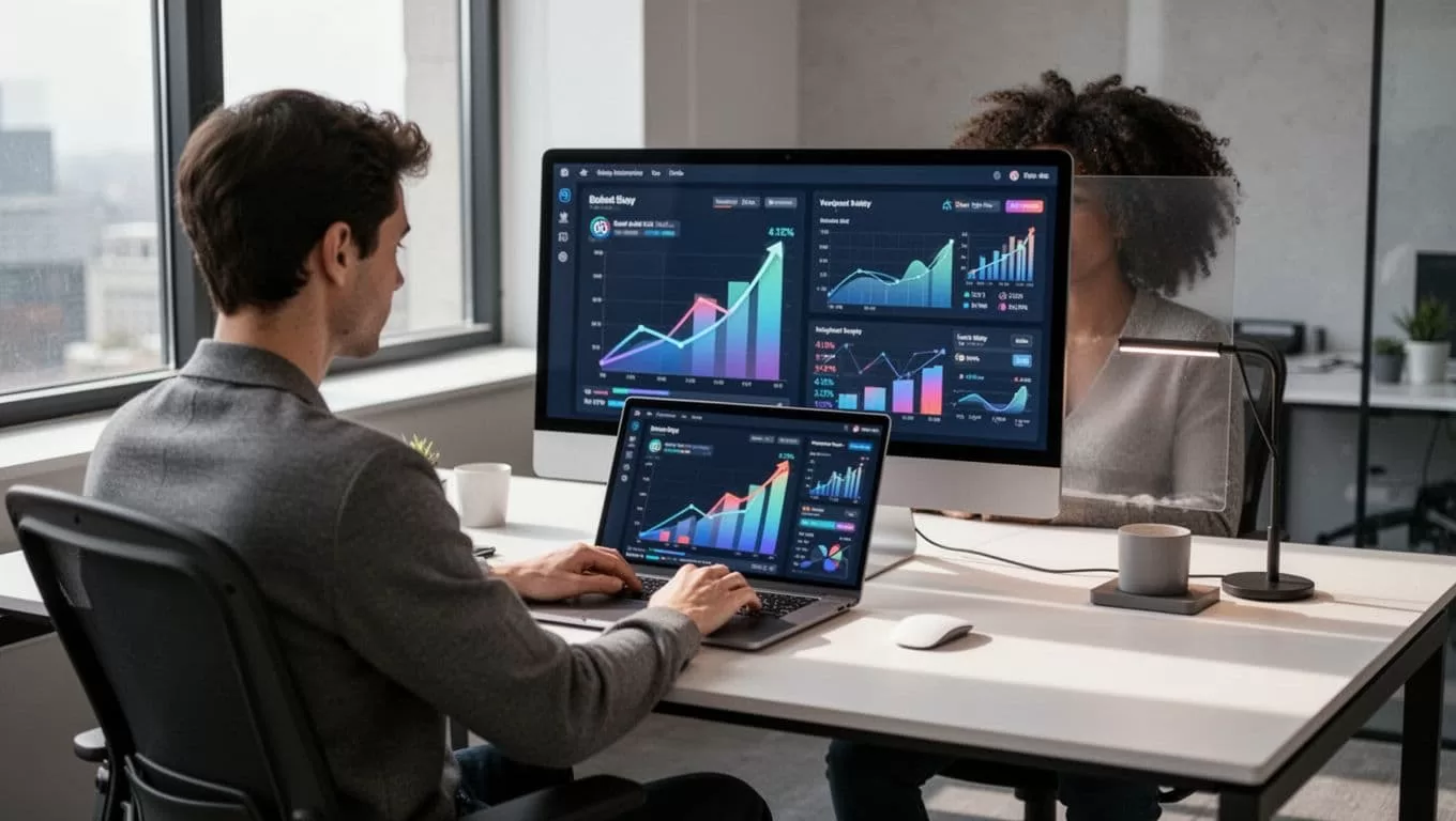 A professional reviewing a digital marketing growth dashboard on a laptop.