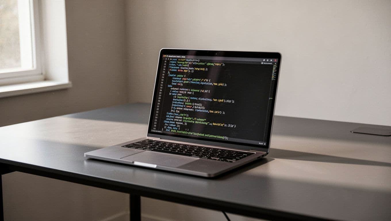 Laptop showing code and API documentation on a sleek modern desk.