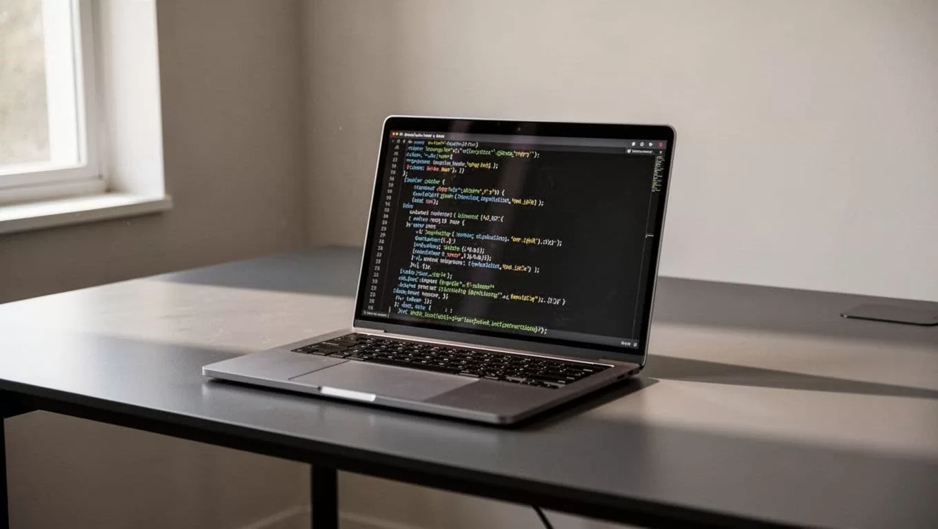 Laptop showing code and API documentation on a sleek modern desk.