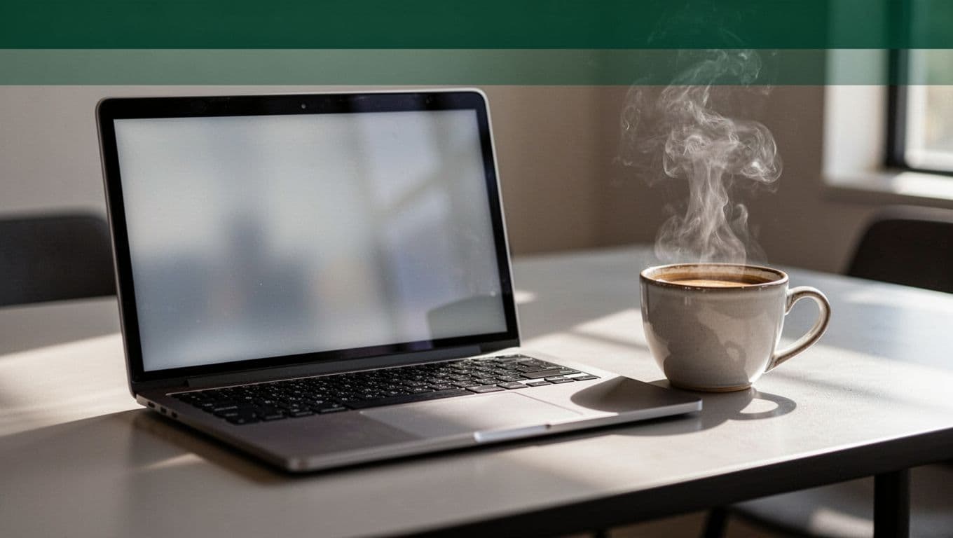 A sleek laptop sits on a dark desk with a steaming coffee cup, featuring an API Integration header above. The code editor on the screen remains softly blurred to emphasize focus.