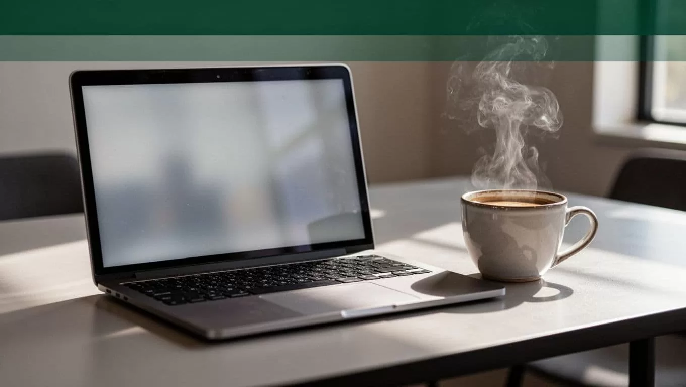 A sleek laptop sits on a dark desk with a steaming coffee cup, featuring an API Integration header above. The code editor on the screen remains softly blurred to emphasize focus.