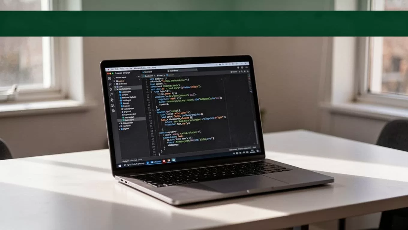 Laptop with a code editor beneath a dark-green API Setup banner.