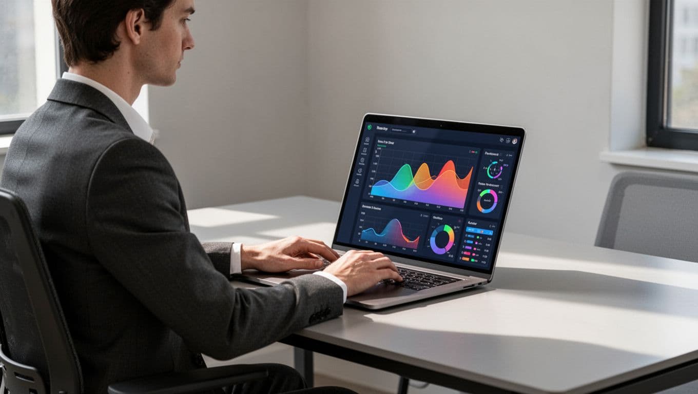 A laptop showing performance analytics on data on a desk.
