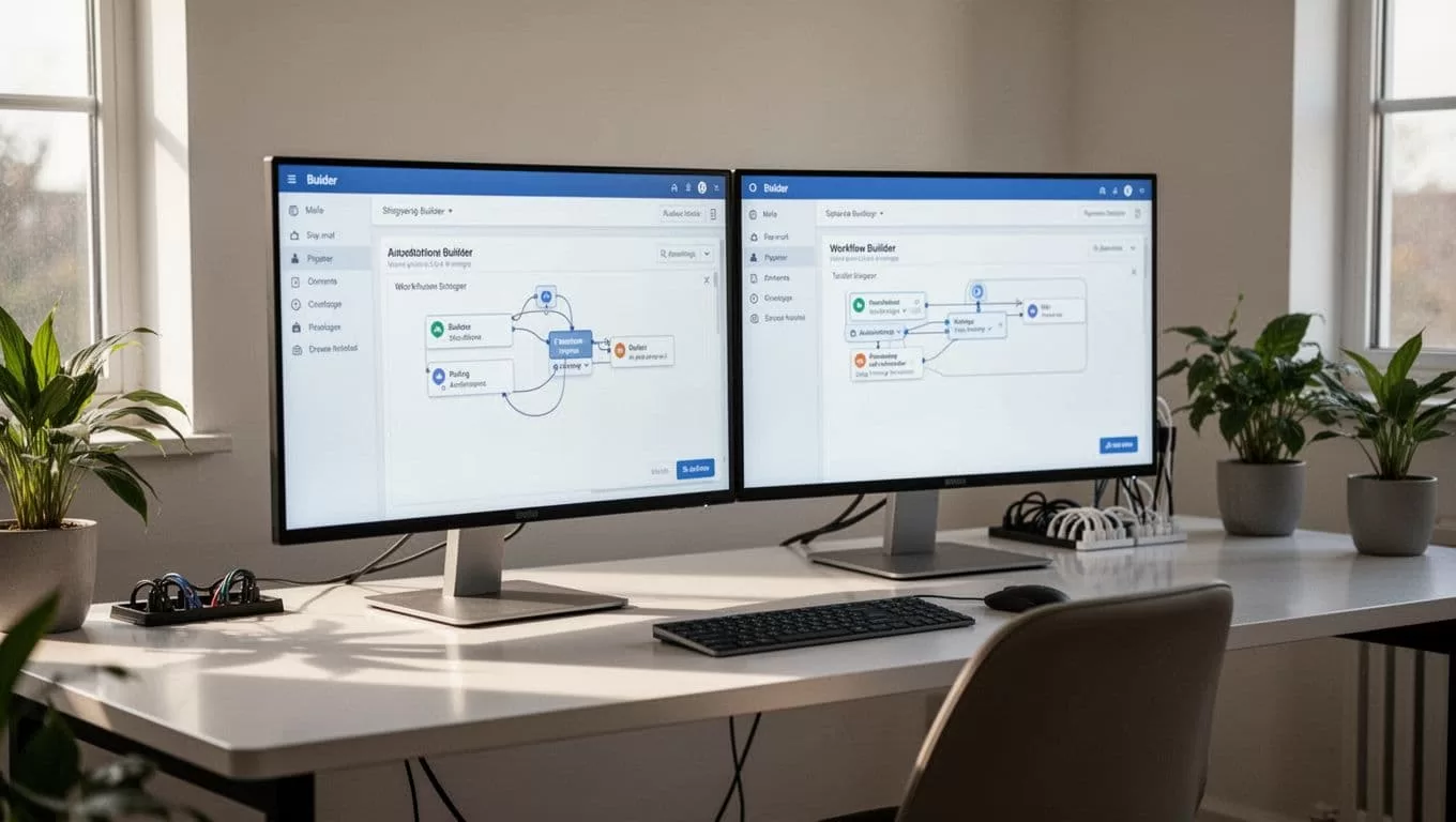 Dual monitors show an automation workflow beneath an Auction Sniper banner.