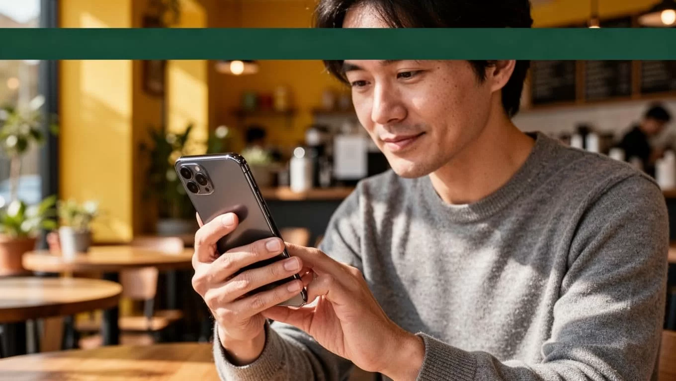 A person holds a sleek modern smartphone in their hand, positioned against a softly blurred cafe backdrop. A dark green header bar displays bold white text focusing on audience engagement concepts.