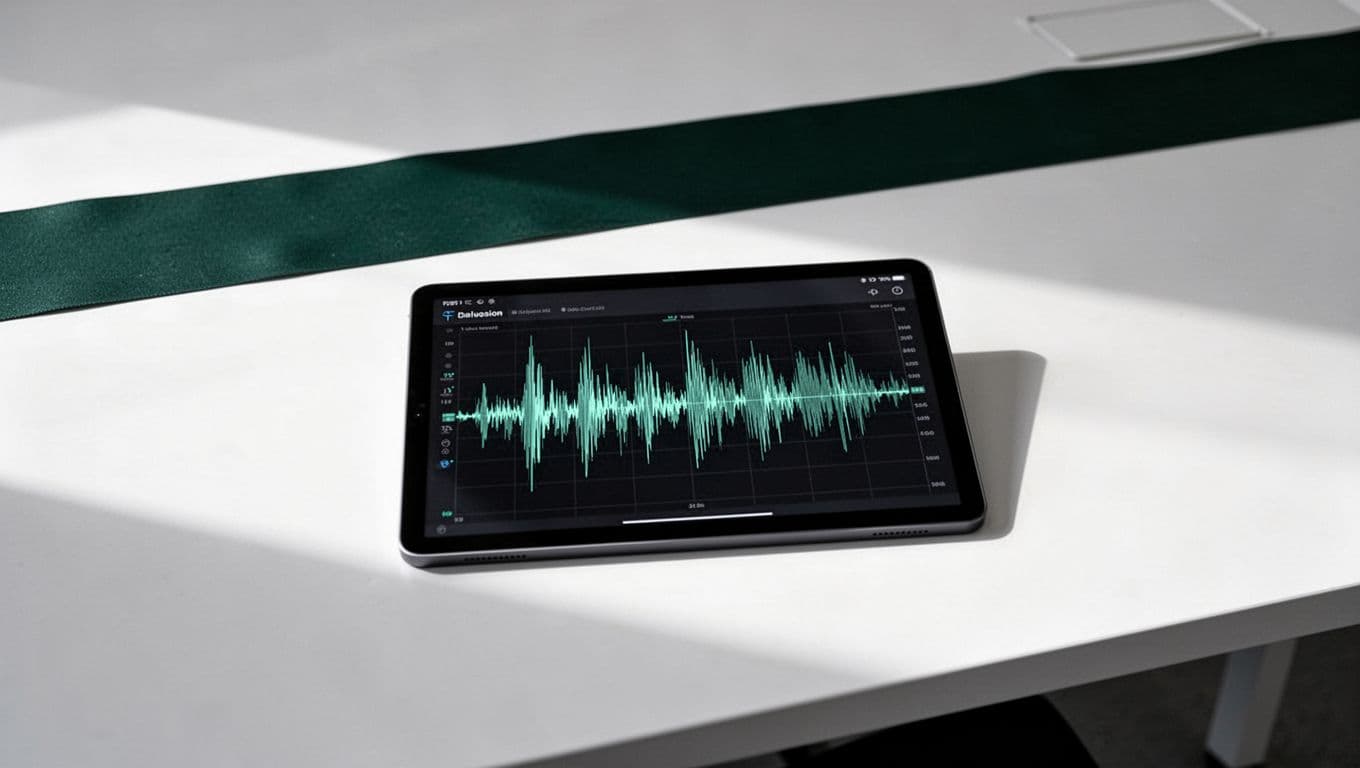 A tablet on a clean desk shows a sound waveform with a green audio accuracy label above it.