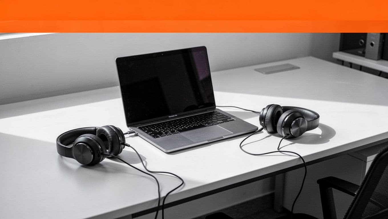 A laptop and headphones on a clean desk with an Audio Content banner at the top.