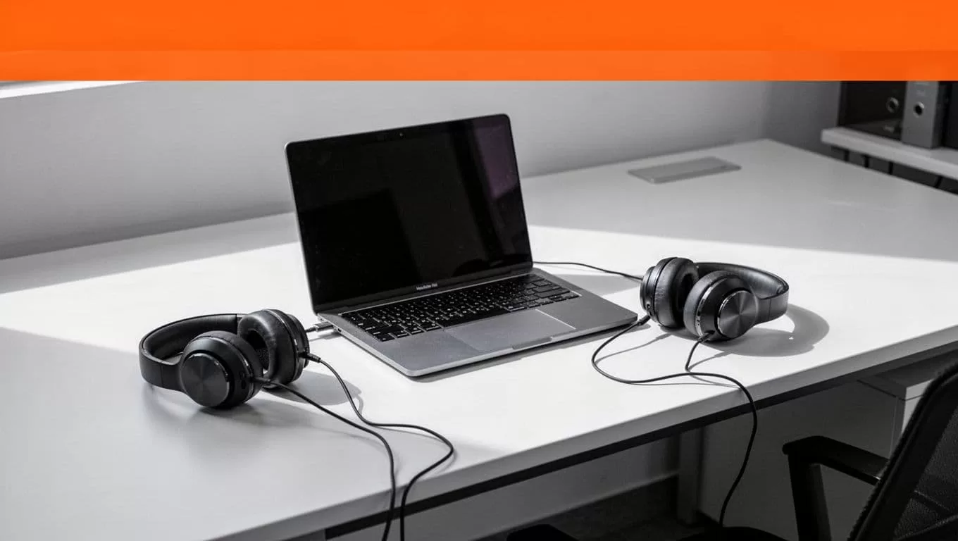 A laptop and headphones on a clean desk with an Audio Content banner at the top.