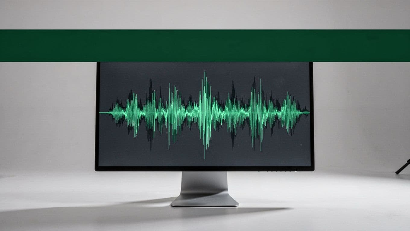 A computer screen showing sound waves beneath a dark green headline banner.