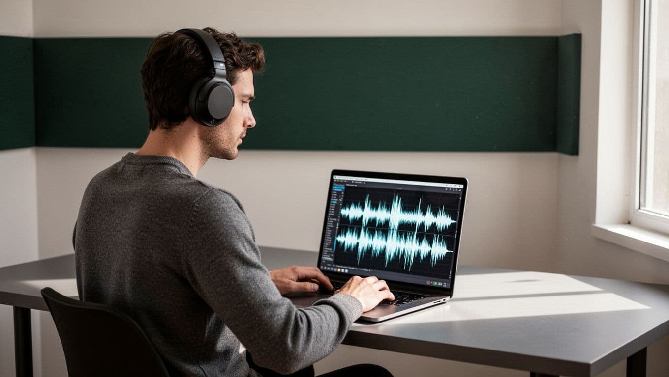 A person working at a laptop showing audio waveforms with headphones on the desk.
