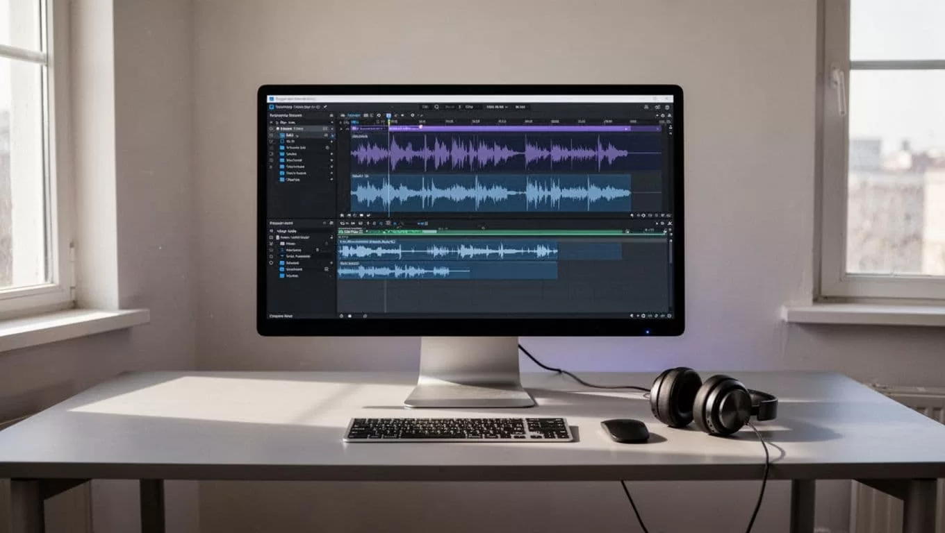 A computer screen showing audio waveforms on a minimalist dark desk.