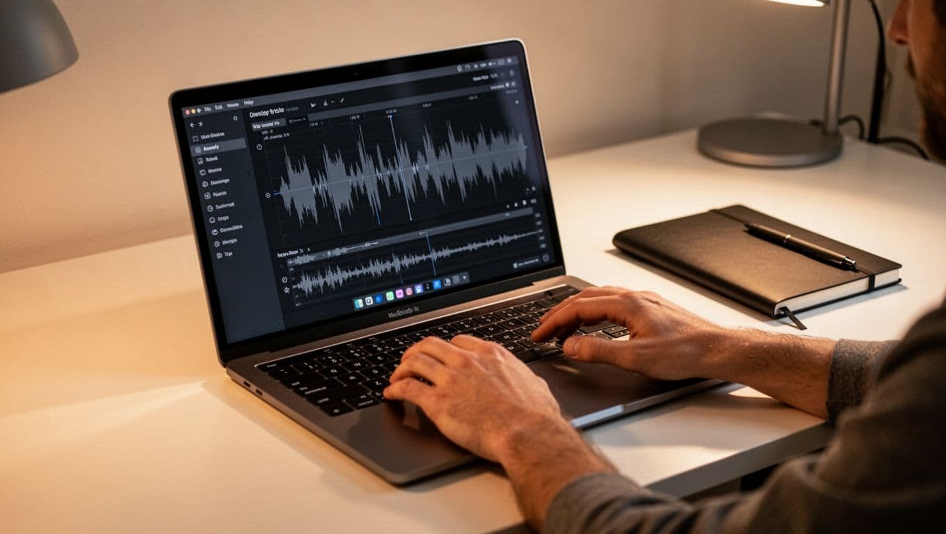 A laptop showing an audio waveform and a notebook on a warmly lit desk.