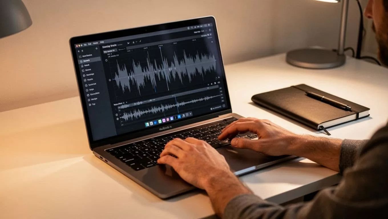 A laptop showing an audio waveform and a notebook on a warmly lit desk.
