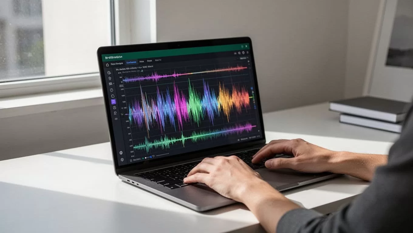 A laptop showing audio waveforms on screen within a clean digital workspace.