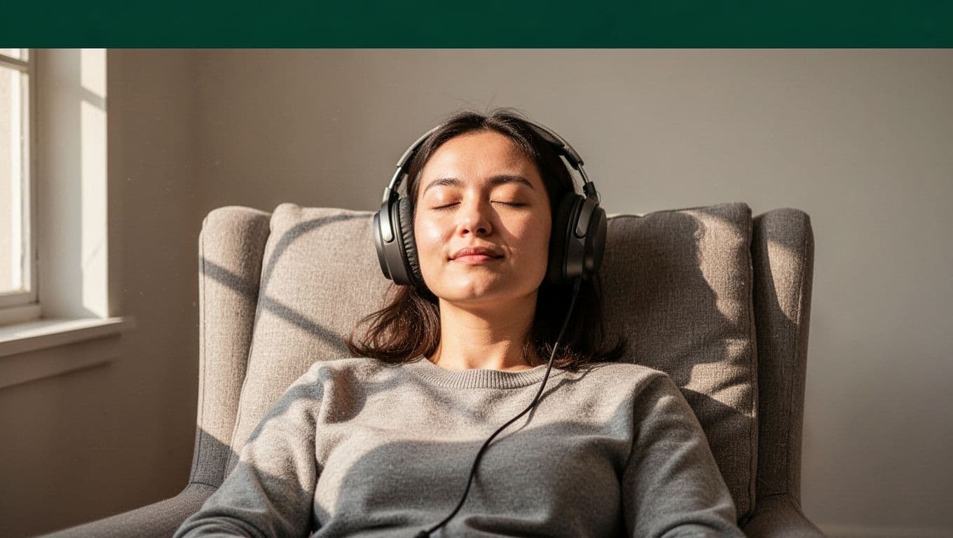 A person wearing headphones while sitting comfortably with a green header that reads Audio Learning.