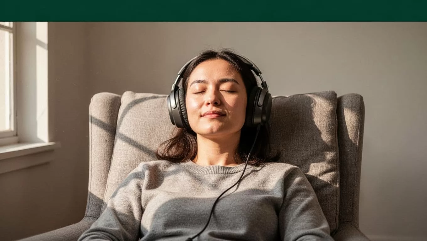 A person wearing headphones while sitting comfortably with a green header that reads Audio Learning.