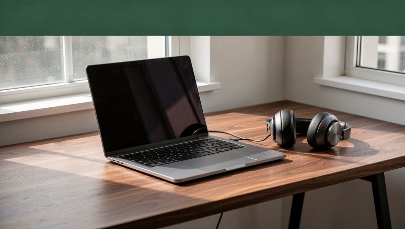 A laptop and headphones placed on a desk under natural light with a text header about audio learning.