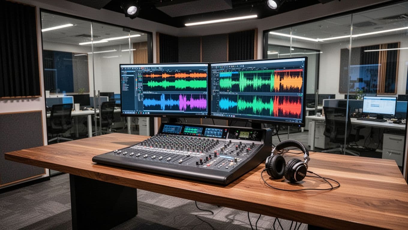 A mixing console and dual monitors showing audio waveforms in a production studio.