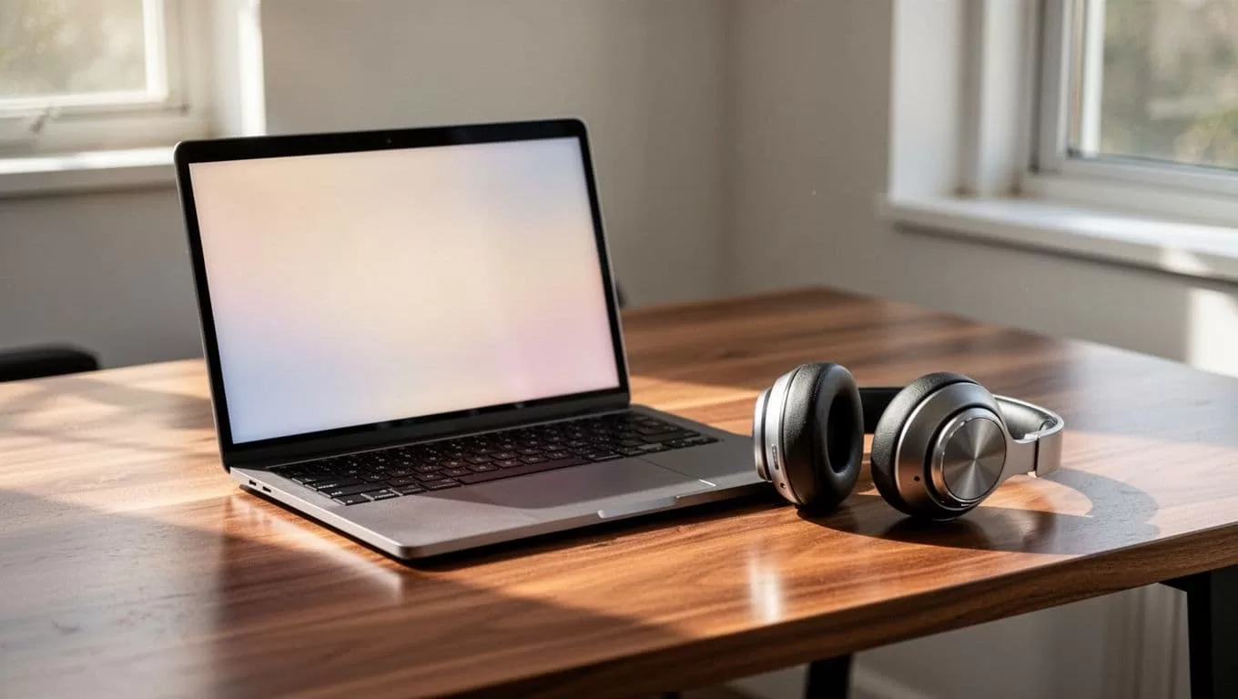 A laptop and sleek headphones on a wooden desk with soft natural light.