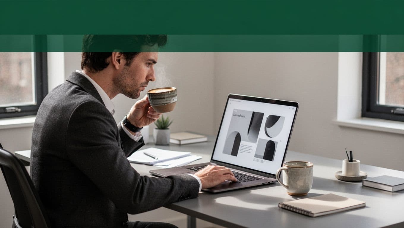 An editorial image showing an Audio Publishing headline above a desk with a laptop and coffee.