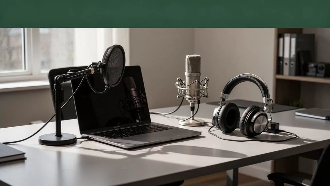 An open laptop with headphones and a microphone on a minimalist desk.