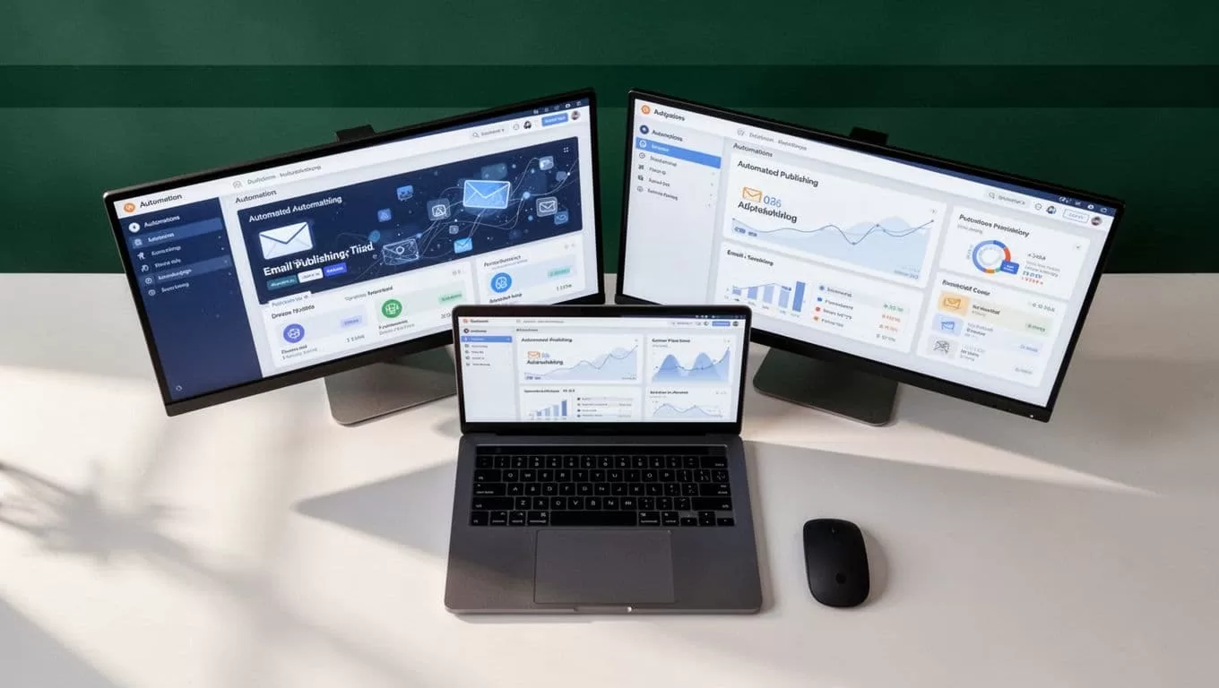 A flat lay desk with software automation charts beneath a green headline banner.