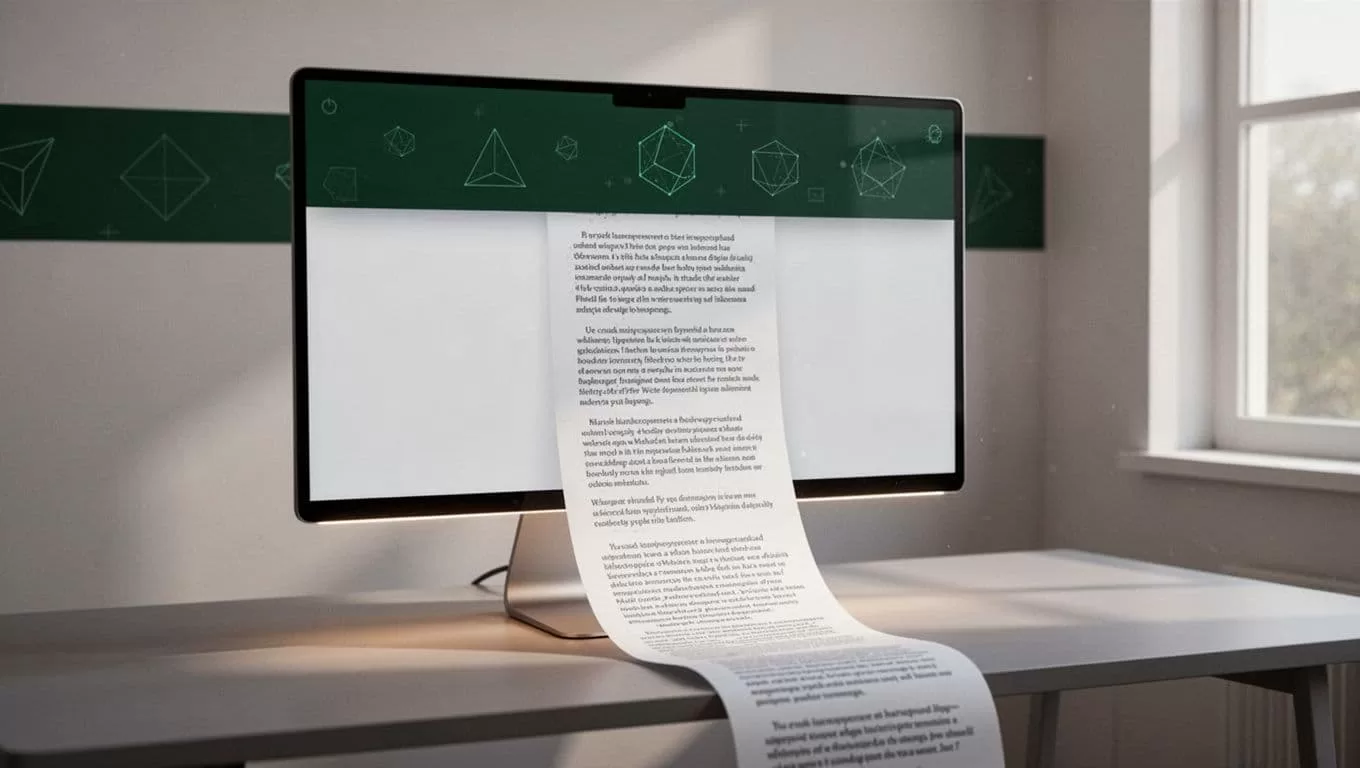 A dark green header with bold text over a clean workspace background.